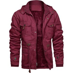 Mens Wine Red Thick Winter Jacket Hooded Fleece Lined Cotton Military Coat